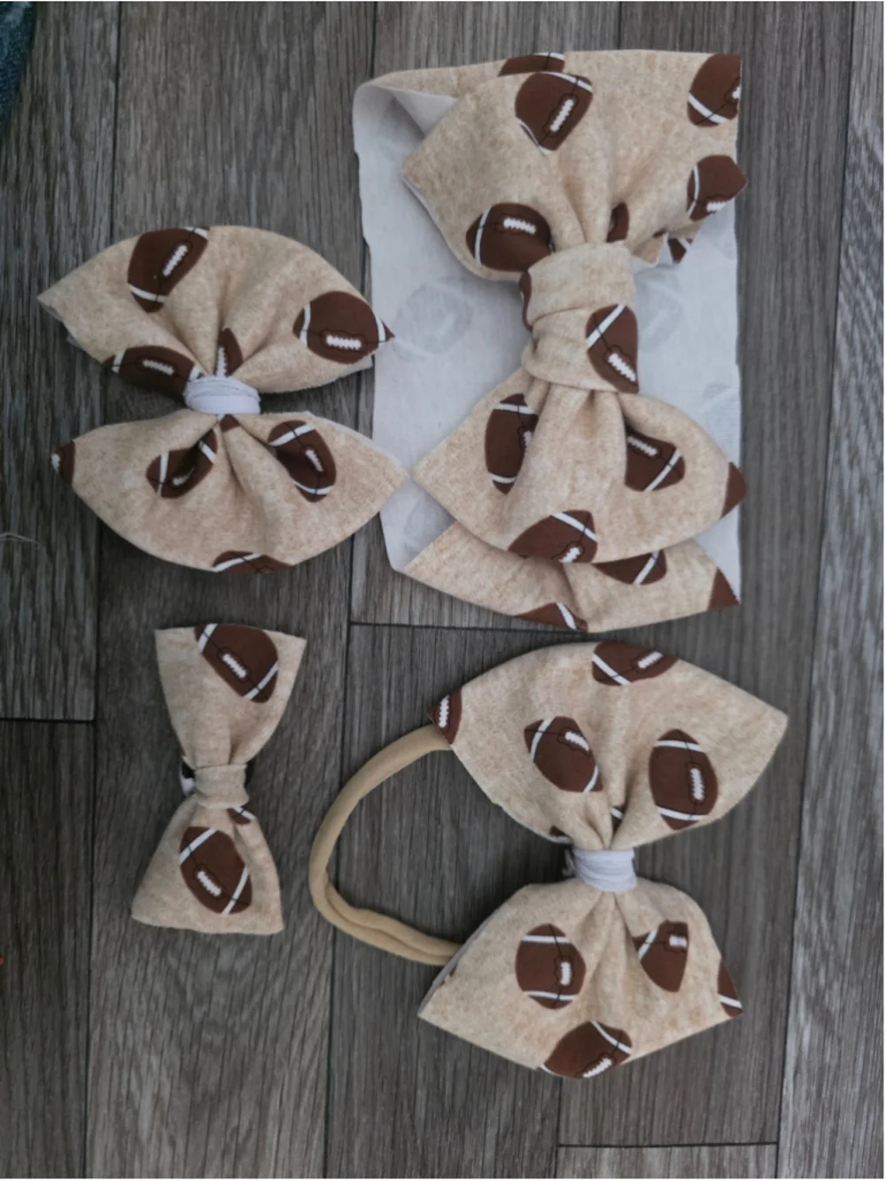 Baby Hair Accessory Set Beige Brown Football Print Handmade Bows